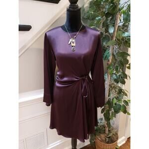 Banana Republic Sheath Dress Womens XS Purple Midi Satin Long Sleeve Tie Waist